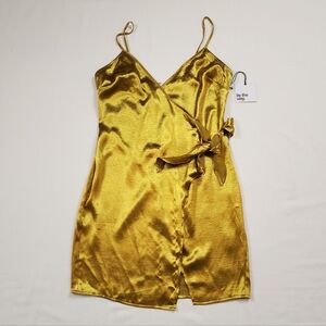By The Way Metallic Gold Mini Wrap Dress Side Knot Tie Small Party Cocktail